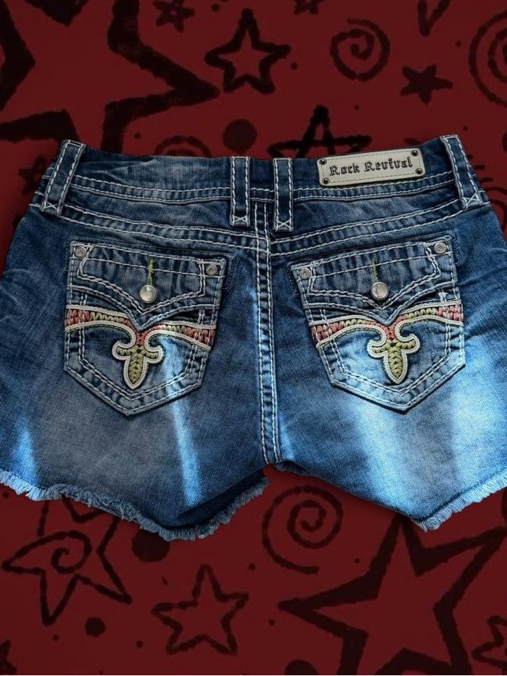 Rock Revival Blue Denim Embroidered Jean Shorts